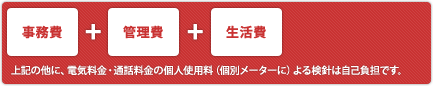 [事務費] + [管理費] + [生活費]
            *上記の他に、電気料金・通話料金の個人使用料（個別メーターに）よる検針は自己負担です。